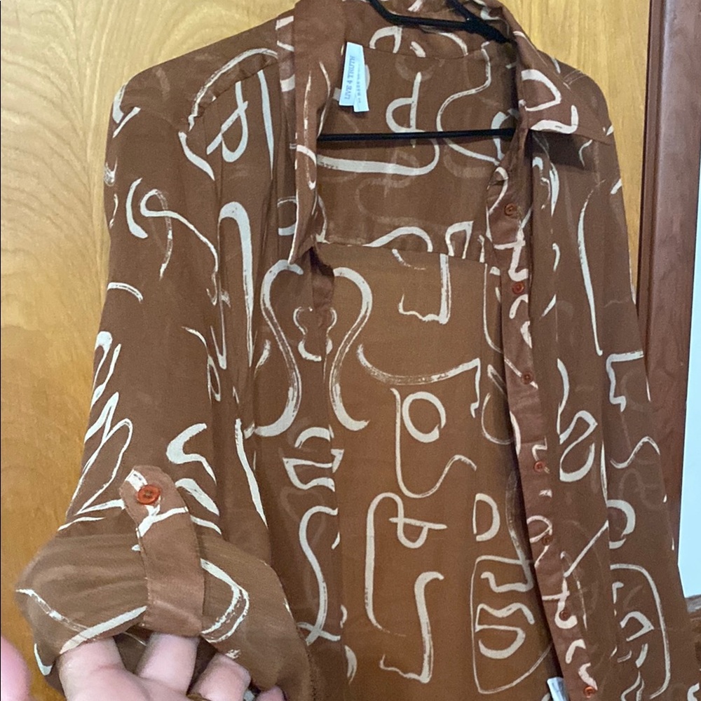 Brown Sheer Abstract Patterned Collared Dress Or … - image 4